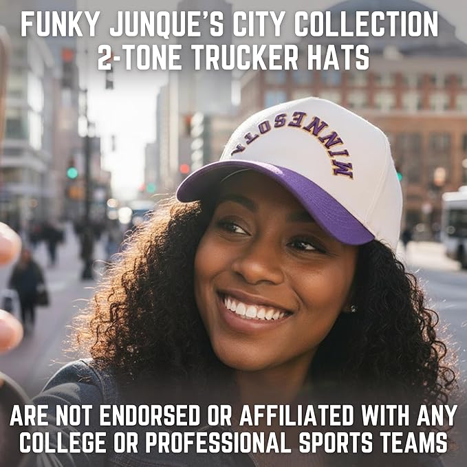 Funky Junque Upside Down City Trucker Hat for Men and Women – Unisex 3D Embroidered Gameday Baseball Cap, Retro Snapback Hats