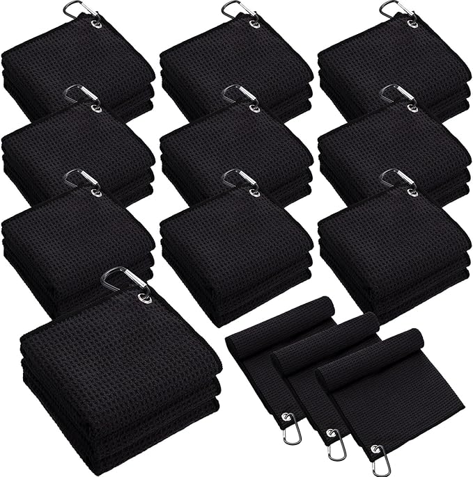 Batiyeer 30 Pcs Bulk Golf Towels for Golf Bags 16'' x 16'' Microfiber Fabric Golf Towel Waffle Pattern with Clip for Bags Men Mini Tournament Fitness Yoga Camping (Black)