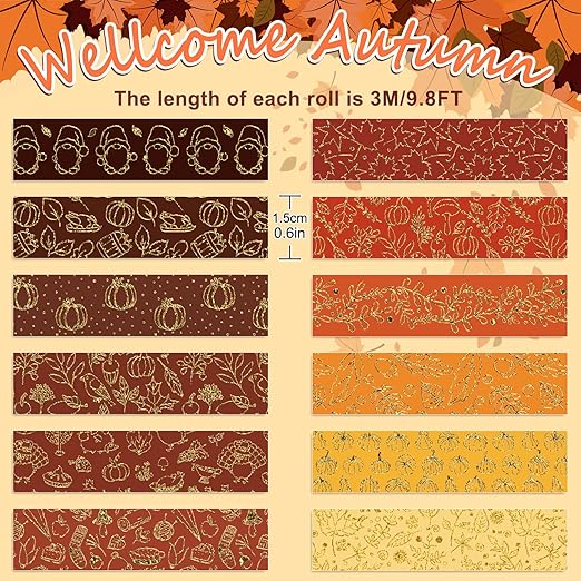 Whaline 12 Rolls Fall Washi Tapes Foil Gold Decorative Tape Autumn Gnome - Image 2
