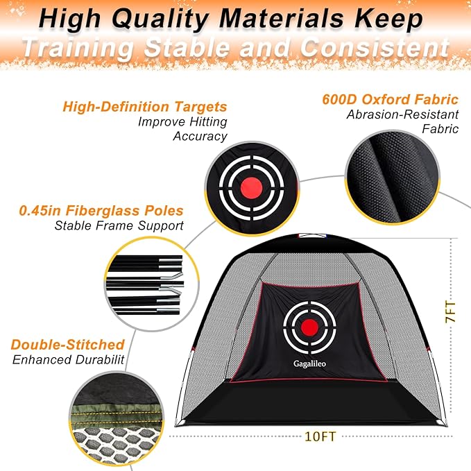 Gagalileo Golf Hitting Net Backyard Driving: 10x7FT Professional Backstop with Silent Velvet Target Portable Practice for Men Dad Complete Sport Set Gift