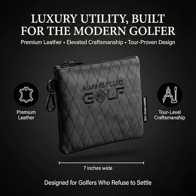 Premium Leather Golf/Travel Valuables Pouch Luxury Zippered Utility Bag with Diamond Stitching, 360 Swivel Clip, Soft Interior for Golf Accessories & Travel Essentials (Grey)