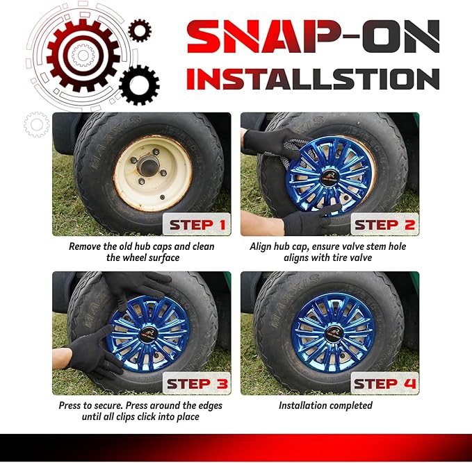Golf Cart Hub Caps 8 Inch for EZGO/Club Car/Yamaha (Excludes EZGO RXV) Golf Cart Wheels and Tires, Snap-On Installation Wheel Covers Accessories, Premium ABS Plastic, Set of 4, Blue