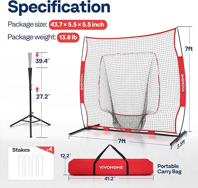 VIVOHOME Baseball Softball Batting Net - 7x7 Ft Baseball Backstop, Softball Practice Net for Hitting, Pitching, Throwing with Batting Tee and Carry Bag