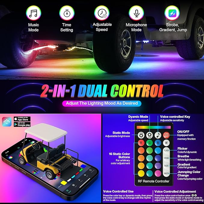 Golf Cart LED Underglow Light Kit, Golf Cart RGB Underbody Light Strip with APP&Remote Control, Multi-Mode, Music Sync, IP68 Waterproof, 9-16V Golf Carts Lighting Strip for Club Car EZGO YAMAHA