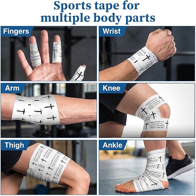 2 Pack Christian Cross Tape for Athletes Religious Bible Verse, White Wrist Tape Baseball Soccer Tennis Wristband 2in x 23ft Cotton Easy to Tear for Ankle Fingers Injury Wrap Sports Gymnastics