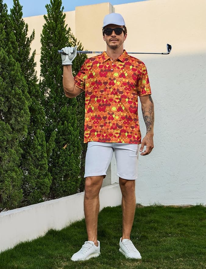 HUURAY Funny Golf Polos for Men Funny Print Short Sleeve Shirts Quick Dry Polo Shirts Hawaiian Shirt Performance Golf Outfits