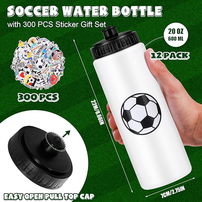 DI QIU REN 12 PCS Soccer Water Bottle Bulk with 300 PCS Stickers, 20 OZ Plastic Reusable Soccer Water Bottles for Boys, Squeeze Water Bottles Sports for Team, Sports Bottles Squeeze for Gym