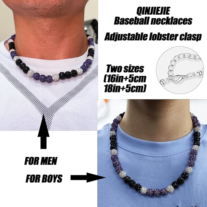 QINJIEJIE Baseball Necklace for Men Glitter Bling Rhinestone Beaded Collection Necklace for Women 16/18in Inspired Sports Jewelry Baseball Chain Cool Gifts for Baseball Players Team Lovers