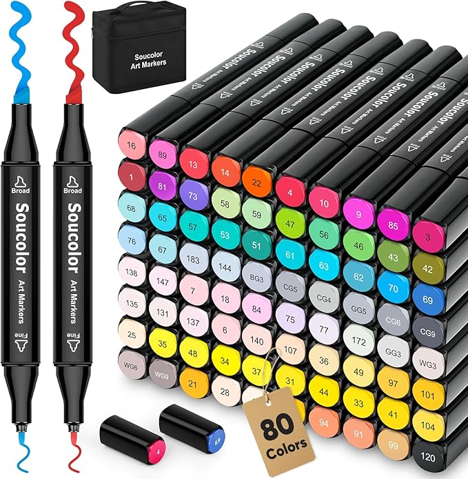 Soucolor Alcohol Markers, 80 Colors Dual Brush Tip Permanent Art Coloring Marker by Soucolor