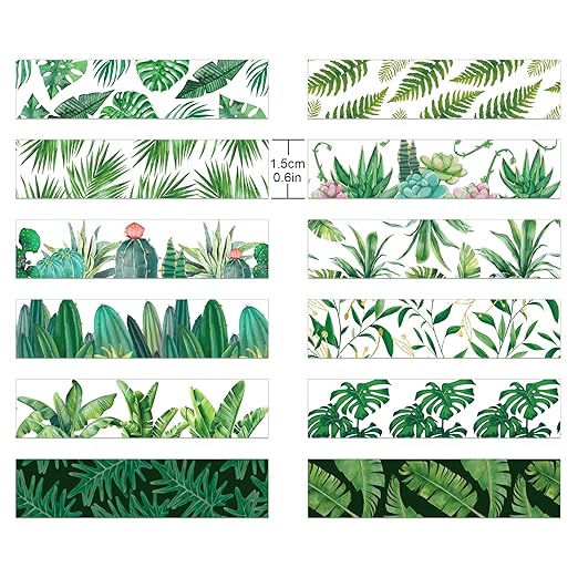 Greenery Washi Tape Set 12 Rolls, Tropical Leaves Masking Tape Hawaii Green - Image 2