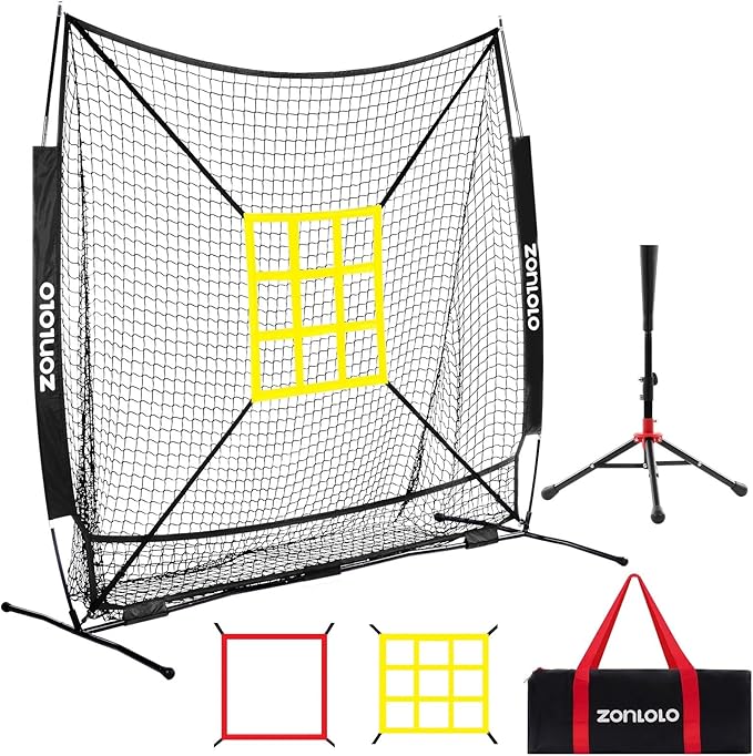 ZONLOLO 6x6ft Baseball & Softball Net for Hitting,Pitching and Batting, Throwing,Baseball net with Sturdy Bow Frame,Battting Tee,Strike Zone, Middle Size,Suitable for Kids!