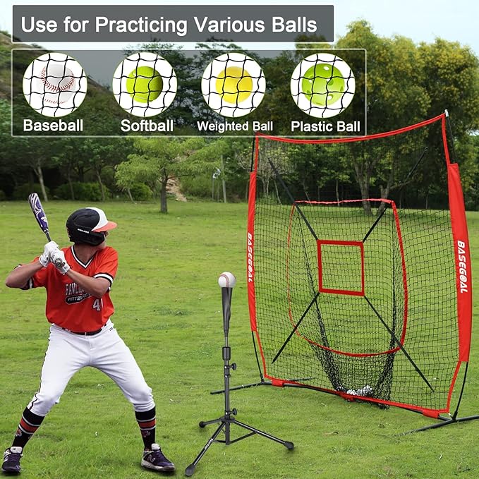 BaseGoal 7'×7' Baseball Softball Practice Net,Baseball Backstop,with Batting Tee,for Hitting Pitching Batting Catching with Bow Frame,Bonus Strike Zone