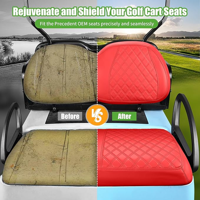 10L0L Golf Cart Seat Covers for Club Car Precedent,EZGO TXT Front/Rear Seats Diamond Pattern,Vinyl Leather with Adjustable Straps and Retractable Buckle, No Stapler Needed