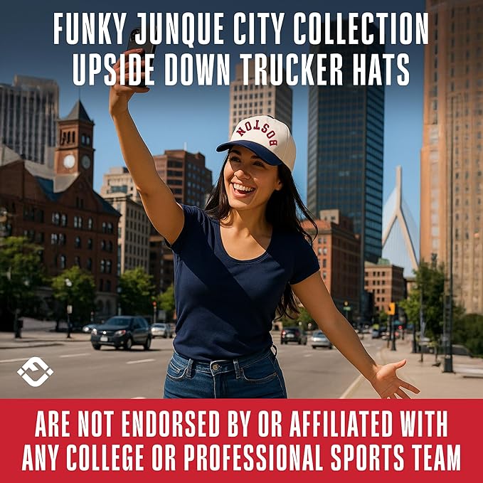 Funky Junque Upside Down City Trucker Hat for Men and Women – Unisex 3D Embroidered Gameday Baseball Cap, Retro Snapback Hats