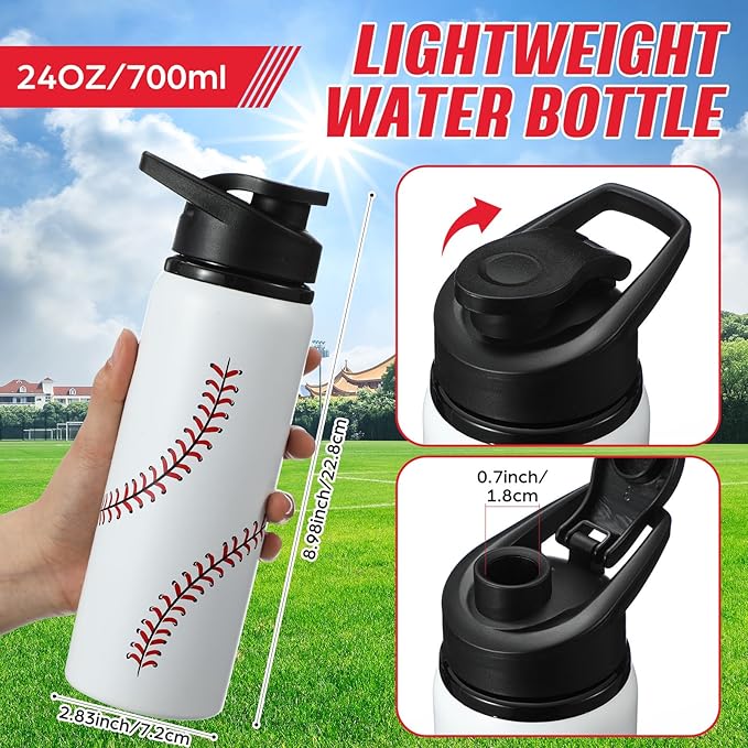 Ceenna 2 Pcs 24 oz Baseball Water Bottle with 50 Stickers, Stainless Steel Insulated Travel Tumbler Baseball Gifts for Team Sports Fans, Travel Gym Hiking Cycling Camping Bike Cages