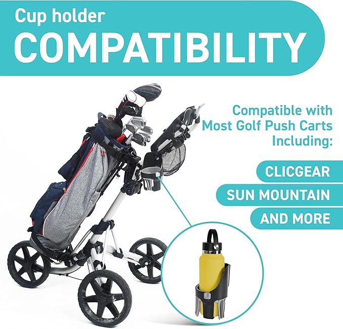 Golf Push Cart Cup Holder Compatible with Clicgear, Sun Mountain, Bagboy and More. Golf Push Cart Accessories- Large Size