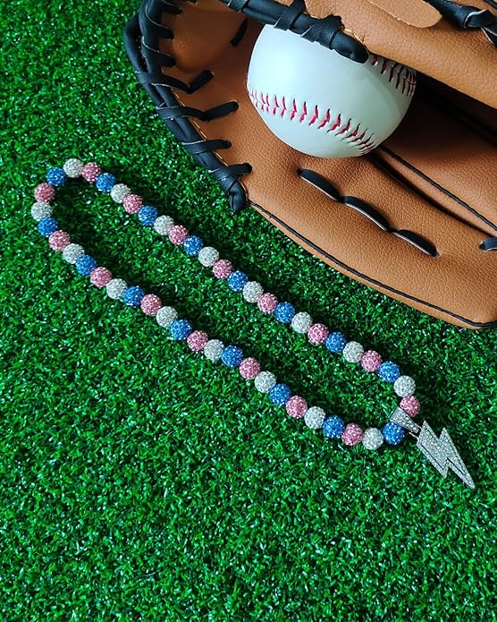 Baseball Necklace for Men 16/18/20 Inch Bling Ice Collection Lightning Bolt Pendant Necklace for Women Rhinestone Clay Beaded Discoball Accessories Gifts for Baseball Team Players Lovers