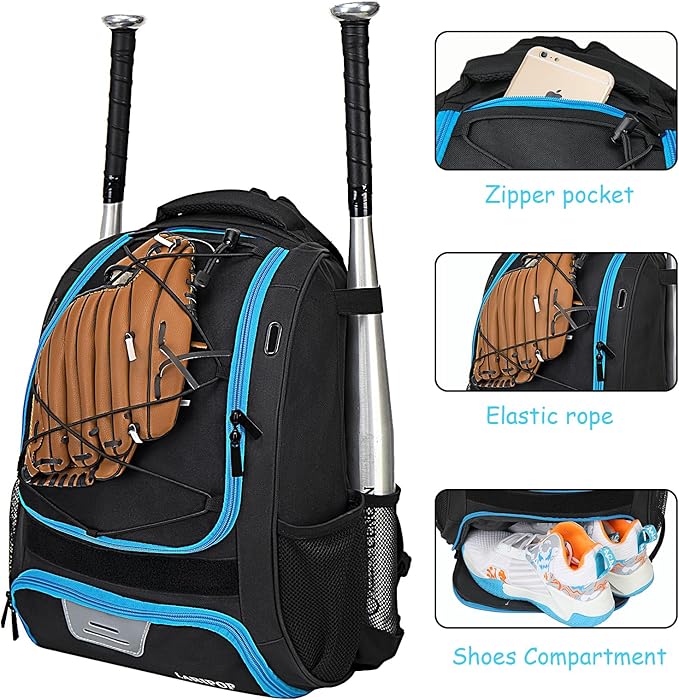 LARIPOP Youth Baseball Bag, Bat Backpack with Fence Hook & Separate Shoe Compartment, Waterproof Equipment Bag for Baseball, T-Ball & Softball