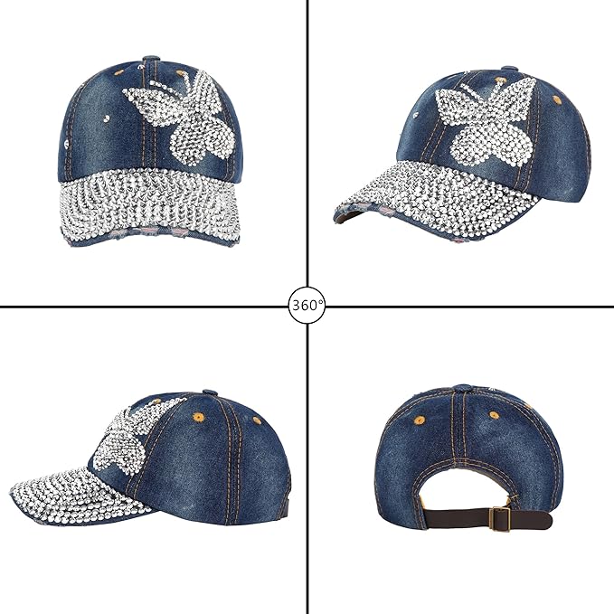 Hoce Fashion Rhinestone Denim Baseball Cap Studded Bling Hat for Women