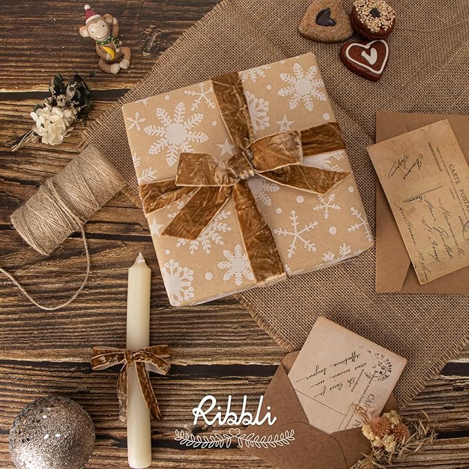 Ribbli Khaki Velvet Ribbon 3/8 Inches Luxury Crinkled Brown Christmas Ribbon - Image 2
