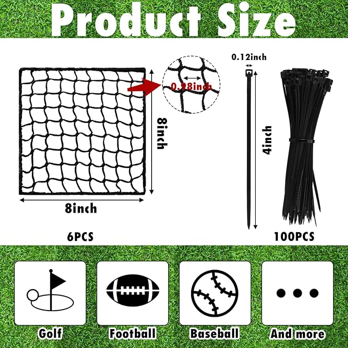 6 Pcs Universal Sports Net Repair Kits with 100 Pcs Zip Ties 8 x 8 Inch Golf Goal Nylon Netting Hole Replacement Patch for Baseball Batting Cages Hockey Football