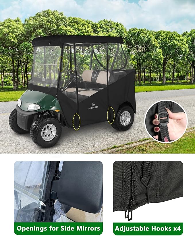 2 Passenger Golf Cart Enclosure for Ezgo TXT RXV, 600D Waterproof Driving Rain Cover with Full Roll-Up Clear Windows & Doors, Heavy Duty Zippers & Side Mirror Openings