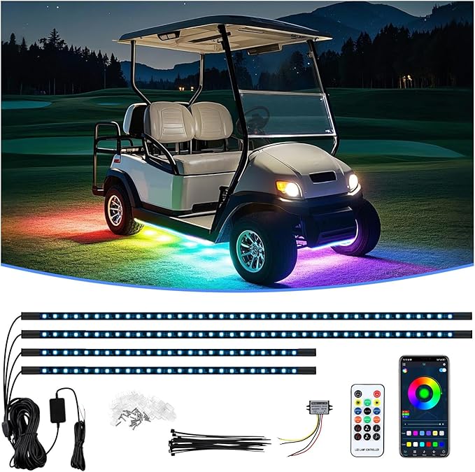 Golf Cart Underbody LED Lights 4Pcs, 12V - 80V Input Golf Cart Underglow Light Kit Bluetooth APP Control Dream Colors for EZGO Club Car Yamaha, Music Mic Sync Modes (Included Voltage Reducer)