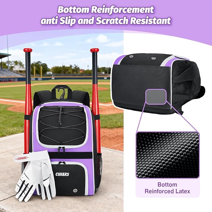 Youth Baseball Bag - Baseball Backpack Bat & Glove Holder, T-Ball & Softball Equipment & Gear,Large Main Compartment for Helmet & accessories, Fence Hook，Insulation Pocket
