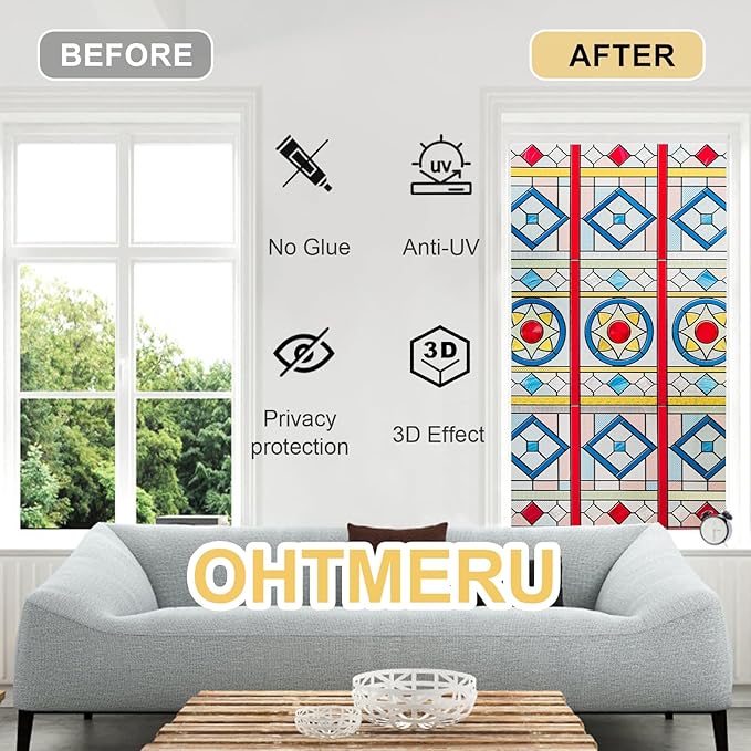 3D Stained Glass Window Privacy Film, Heat Control UV Blocking Static Cling - Image 2