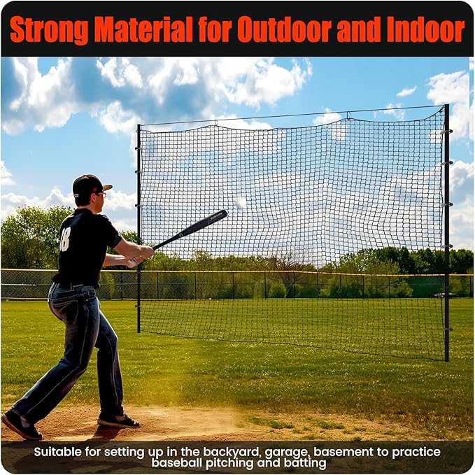 Baseball Softball Backstop Nets,Sports Net with 33ft Rope or Steel Hanging Kit, Nylon Nets Also for Basketball Soccer Lacrosse Hockey.
