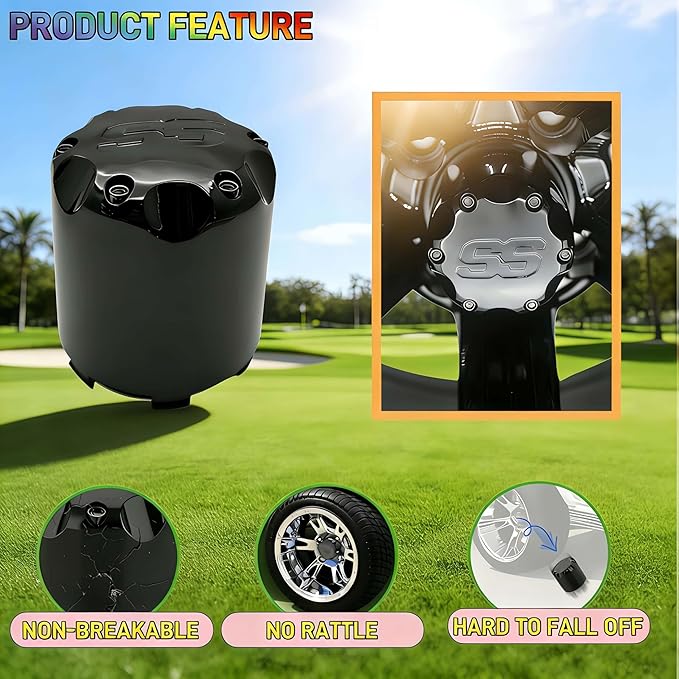 Golf Cart SS Wheel Center Cap Cover, ITP Push in Style Wheel Hub Caps Dust Cover for EZGO Club Car Yamaha and Other Models 8,10,12,14 inch Wheel,4 PCS(Gloss Black with Black SS)