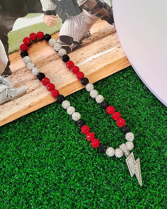 Baseball Necklace for Men 16/18/20 Inch Bling Ice Collection Lightning Bolt Pendant Necklace for Women Rhinestone Clay Beaded Discoball Accessories Gifts for Baseball Team Players Lovers