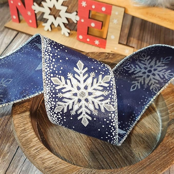 CT CRAFT LLC Navy Satin with Silver Snowflake Wired Ribbon 2.5 Inch x 10 Yards - Image 6