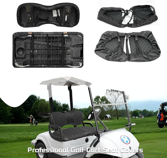 XUANYUDG0769 Golf Cart Front and Rear Seat Covers for EZGO TXT/RXV Club Car DS/Precedent Yamaha G29, Vinyl Leather Made/Adjustable Straps and Retractable Buckle/No Stapler Required,4PCS