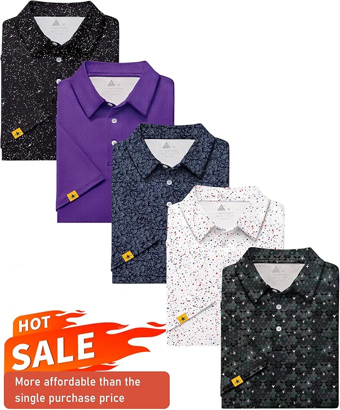 ZITY 5 Pack Mens Golf Shirt Short Sleeve UPF 50+ Moisture Wicking Performance Print Patterns Casual Golf Polo Shirts for Men