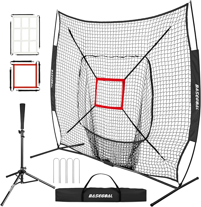 BaseGoal 7'×7' Baseball Softball Practice Net,Baseball Backstop,with Batting Tee,for Hitting Pitching Batting Catching with Bow Frame,Bonus Strike Zone