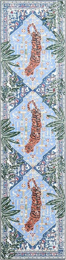 Oriental Tropical Hallway Runner Rug 2x6 Washable, Thin Stain Resistant Blue - Image 7