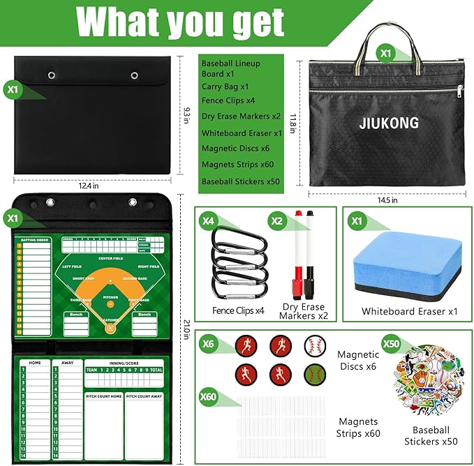 Magnetic Baseball Lineup Board for Dugout, 60 Magnets Coaching Clipboard with Dry Erase & Waterproof Bag – Dugout Organizer for Youth Baseball & Softball Coaches