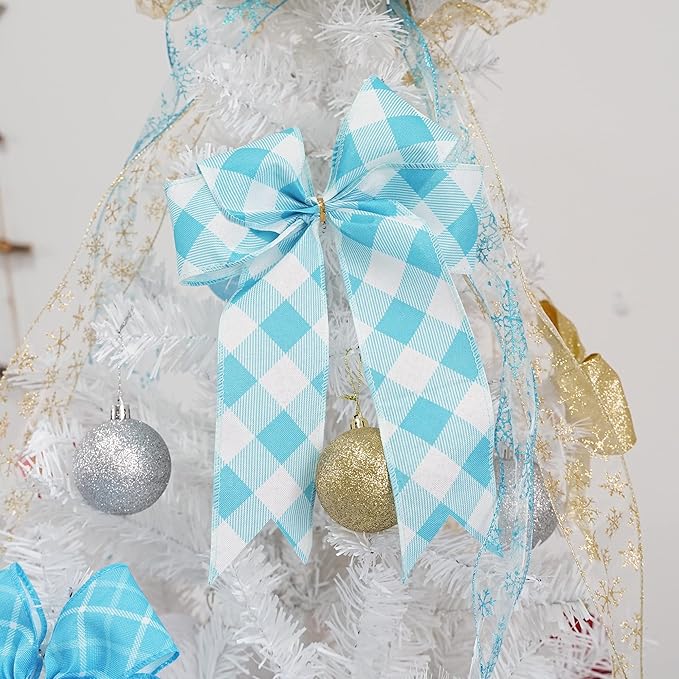 MEEDEE Blue and White Check Ribbon Christmas Wired Ribbon Blue White Burlap - Image 5