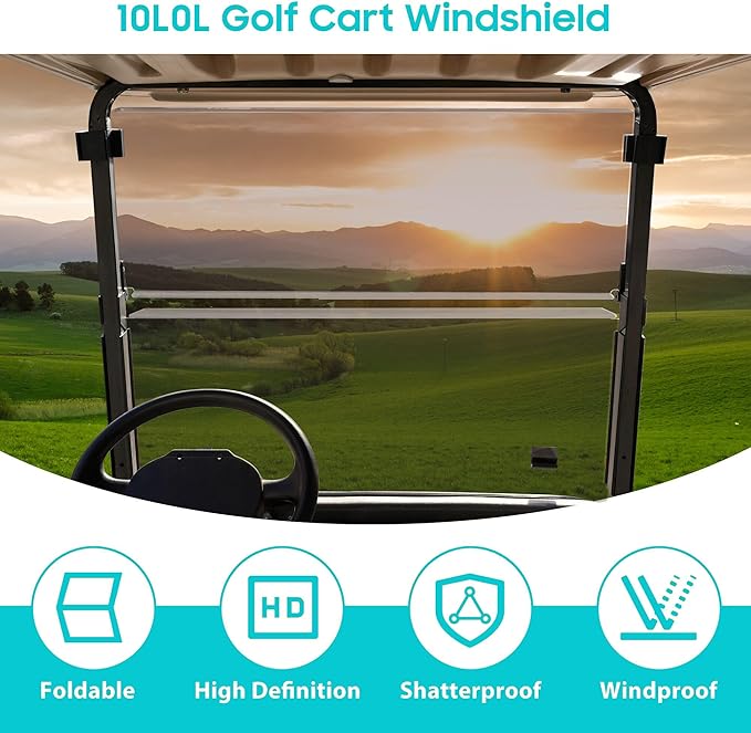 10L0L Foldable Golf Cart Windshield for Club Car DS, Impact Resistant Acrylic with UV Protection, Fits 1982-2000 Models (Brown)