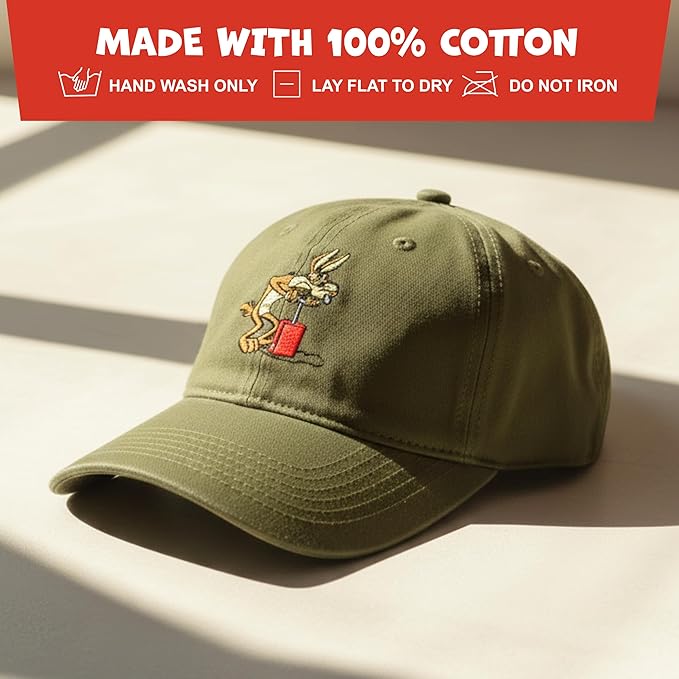 Looney Tunes Baseball Cap, Wile E. Coyote and Road Runner Adult Adjustable Cotton Dad Hat with Curved Brim for Men and Women, Olive, One Size