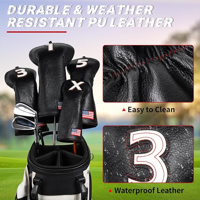 Golf Head Covers, US Flag Patriotism Golf Club Cover for Woods and Driver, Fairway, Hybrid - Premium Leather Golf Club Head Covers with Interchangeable Tags