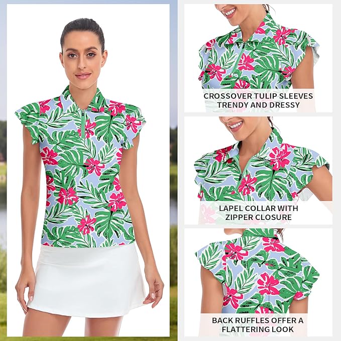Soneven Womens Petal Sleeve Golf Shirts Moisture Wicking Lady Golf Apparel Print Tennis Sport T Shirt