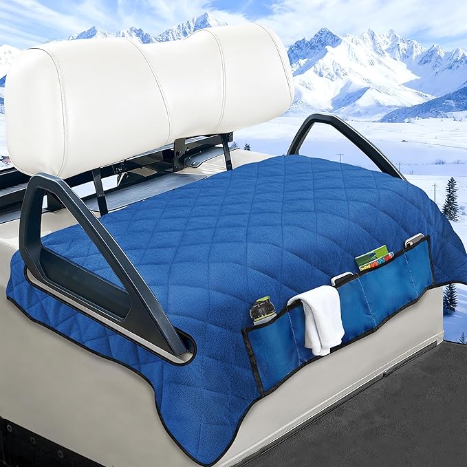 YOKYHOM Golf Cart Seat Covers with 4 Front Pockets, Thick Seat Towel Blanket with Non-Slip Backing, Fits EZGO, Club Car, Yamaha and More 2 & 4 Passenger Golf Carts, Blue