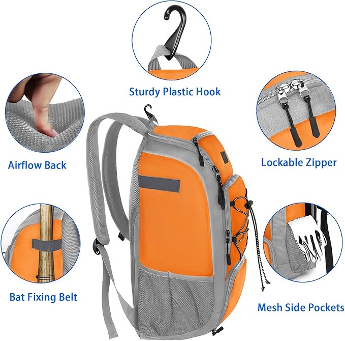 MATEIN Baseball Backpack, Softball Bat Bag with Shoes Compartment for Youth, Boys and Adult, Lightweight Baseball Bag with Fence Hook Hold TBall Bat, Batting Mitten, Helmet, Caps, Teeball Gear
