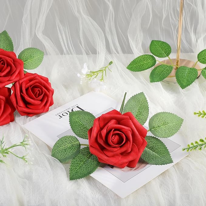 AmyHomie Artificial Flowers Red Rose 50pcs Real Looking Fake Roses w/Stem - Image 7