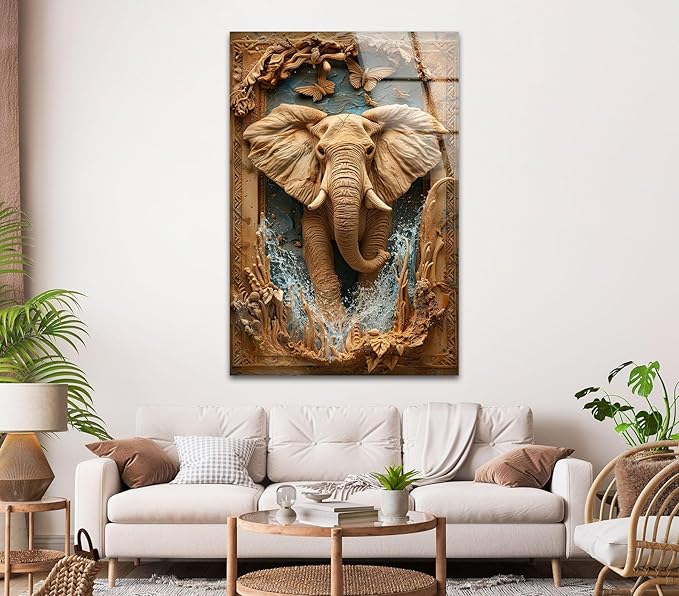 My Photostation.com 32Wx48H'' Elephant Carving Glass Wall Art Tempered Glass - Image 6