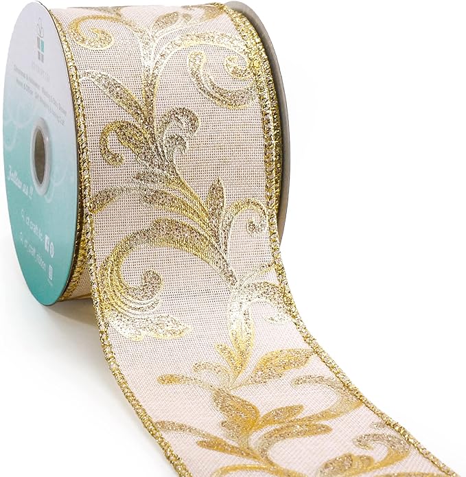 CT CRAFT LLC Tan Burlap Gold Swirl Wired Ribbon 2.5 Inch x 10 Yards by CTCRAFTLLC