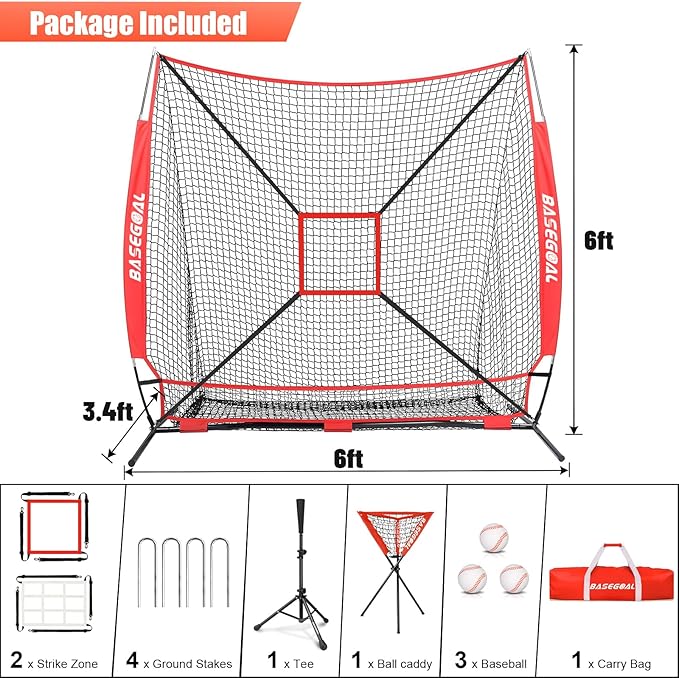 BaseGoal 6'×6' Baseball Softball Practice Net,Baseball Backstop,with Batting Tee,Ball Caddy,for Hitting Pitching Batting Catching with Bow Frame,Bonus Strike Zone,Target,Portable and Foldable