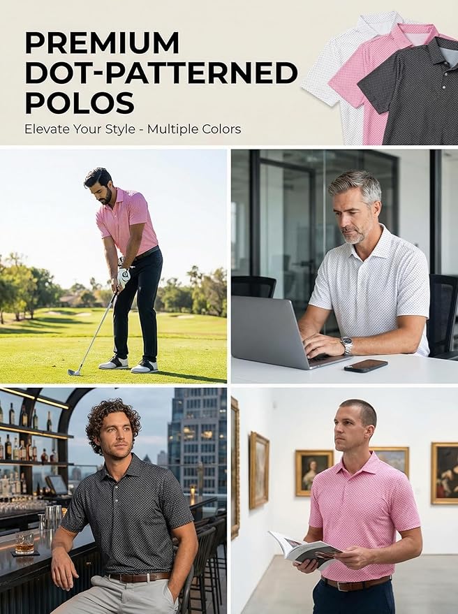 Men's Golf Polo Shirts Short Sleeve Moisture Wicking Dry Fit Performance Print Patterns Collared Polo Shirt